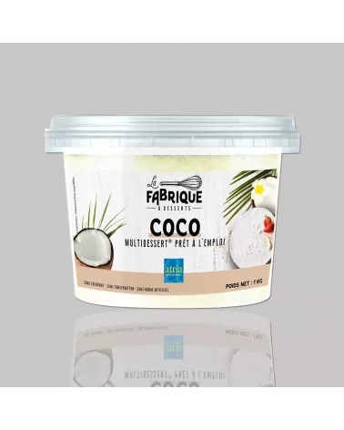 Pot de  Multidessert® Noix de Coco, garniture fraiche prête à l'emploi.
Pour des desserts qualité ''Maison''.